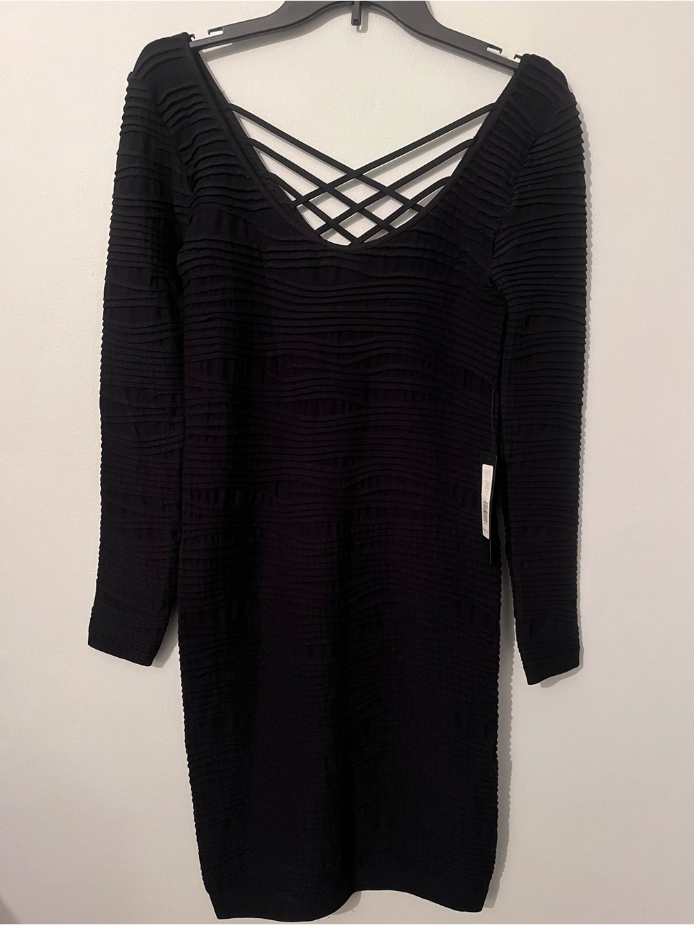 NWT Bebe Y2K Style Bodycon Black Long Sleeve Stretch Cocktail Dress Size L